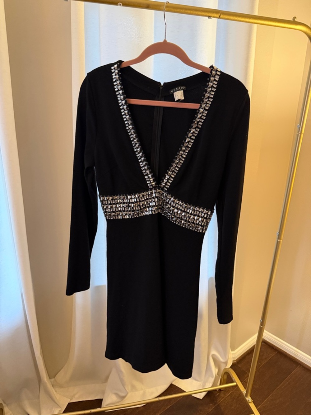 VENUS Black Long Sleeve V-Neck Dress with Silver Embellished Trim